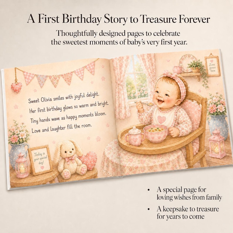 May include: An open baby book featuring a soft-toned illustration of a smiling infant in a high chair, a plush bunny, and floral accents. The text reads: A First Birthday Story to Treasure Forever, Sweet Olivia smiles with joyful delight.