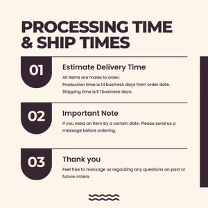 May include: Image with the text "PROCESSING TIME & SHIP TIMES". It includes information about estimated delivery time, important notes, and a thank you message. The text is in a dark brown color on a light beige background.