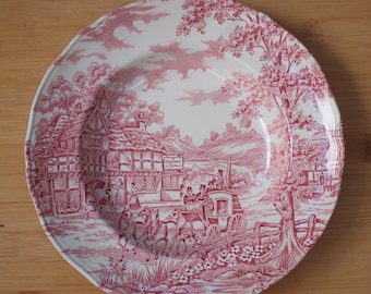 Alfred Meakin | Multiple Soup plates (diameter 22.5 cm | height 3 cm) &#39;Coaching Days&#39; motif in pink color | Vintage