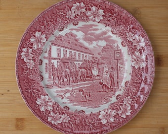Royal Tudor Ware | Meerdere Dinerborden (diameter 25 cm | hoogte 2,5 cm) ‘Coaching Taverns 1828’ motief in roze kleur | Vintage