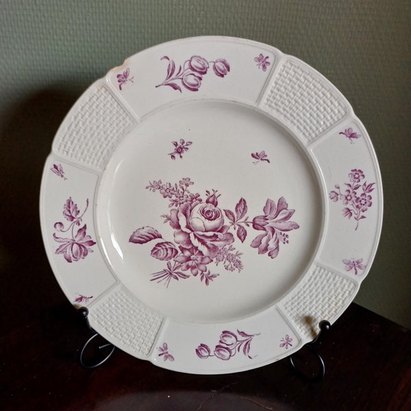 Wedgwood Etruria | Dinerbord Plat bord (diameter 23,5 | hoogte 2,5 cm) in Wit met Lila Natuurbloemen decor | Antiek - Onvolkomenheden