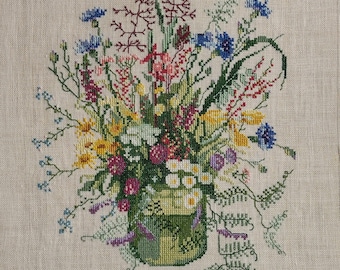 Clara Tejedora | Bordado 'Flores de campo' Arte de hilo artesanal bohemio en punto de cruz sobre lino crudo (ancho 30 cm | alto 40 cm) | Antiguo