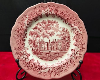 J. & G. Meakin | Meerdere Saladeborden Rond geschulpt (diameter 18 | hoogte 2 cm) 'Merrie England | Penshurst Palace' decor Roze | Vintage