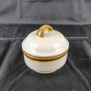 May include: A white ceramic sugar bowl with a brown rim and a brown handle on the lid.