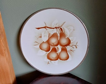 Taartplateau Taartschaal Dienblad | Rond Keramische tegel 'Peren' motief Verzilverd metaal op pootjes (diameter 30 | hoogte 2 cm) | Vintage