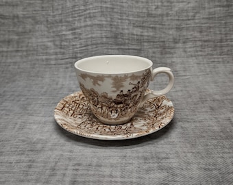 Alfred Meakin | Multiple cup (diameter 7 | height 6 cm) and saucer (diameter 13 | height 2 cm) with &#39;Coaching Days&#39; motif in brown | Vintage