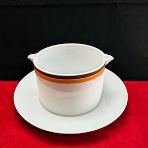 Thomas | Sauce boat with fixed base plate (diameter 10.0 cm and 17.0 cm | height 7.0 cm) with brown and orange trim | Vintage