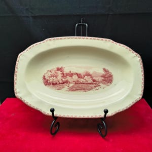 Societé Ceramique | Fuente ovalada para carne (24 cm de largo | 16 cm de ancho | 3 cm de alto) con borde festoneado «Paisaje holandés» en rosa | Vintage