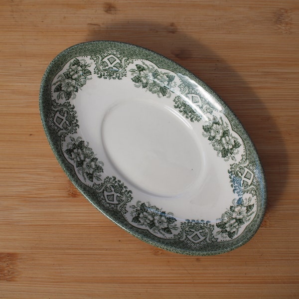 Vaisselle anglaise Ironstone | Sous-assiette Soucoupe ovale (longueur 20,0 | largeur 12,5 | hauteur 2,5 cm) Motif 'Fleur' de couleur verte | Ancien