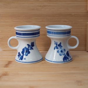 Salt glaze | Set of 2 Candle holders Tea lights (diameter 7 | height 8 cm) with &#39;flower&#39; motif in cobalt blue and gray color | Vintage