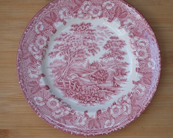 Made in England | Several breakfast plates (diameter 20 cm | height 2 cm) round with &#39;English countryside&#39; motif in pink color | Vintage