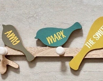 Happy Spring!  Celebrate with this PERSONALIZED Bird Coat Rack - Customize with up to 5 names