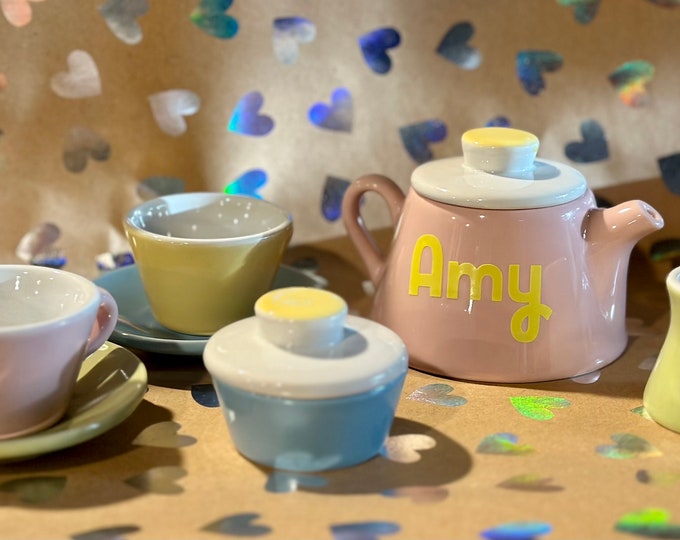 PERSONALIZED Ceramic Children's Tea Party Set. Lovely Pastel Color,  Perfect for Preschoolers - age 8. Perfect Birthday Gift !