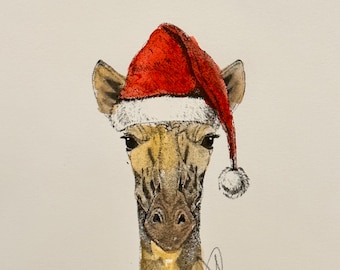 Holiday Greeting Cards! Hand Painted Cards Sold in Sets. Blank Inside - Giraffe or Hippopotamus - Each Hand Made & Hand Signed Watercolors