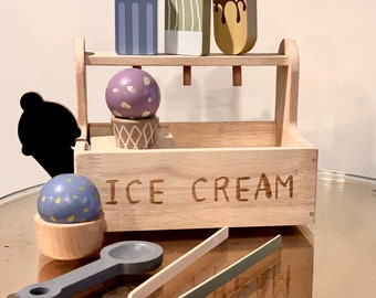 We All Scream for Ice Cream!  Wooden Ice Cream Parlor Play Set for Pretend Play. Fun and Educational, Sturdy, Crafted and Personalized Toy.