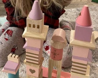 Large 75pc Princess Castle Wood Building Block Set with Handmade Flannel Storage Bag.  Perfect Holiday Gift for Little Princesses Ages 2+