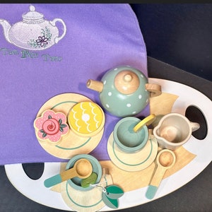 Ideal Birthday Gift for Kids Epic Tea Parties Await PERSONALIZED 25pc Wood Tea Set with Cake Tower and Handmade Embroidered Storage Bag. image 3