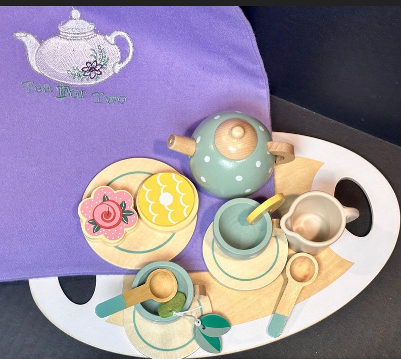 Ideal Birthday Gift for Kids Epic Tea Parties Await PERSONALIZED 25pc Wood Tea Set with Cake Tower and Handmade Embroidered Storage Bag. image 3