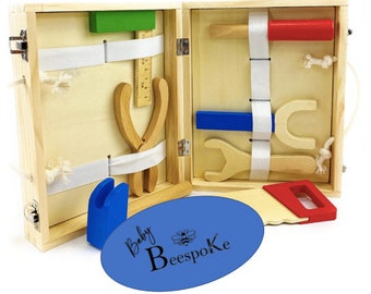 Chunky, Sturdy Kids Wooden Tool Kit with Personalized Wooden Case - Perfect Holiday Gift for Kids 3+