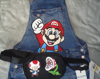 Hand Painted Super Nintendo World Overalls with Fanny pack!