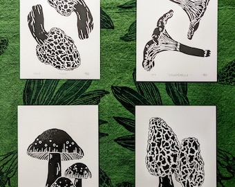 Black Mushrooms Linocut Print