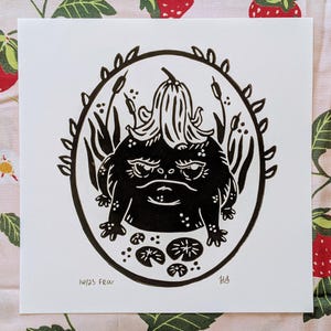 Grumpy Frog Linocut Print