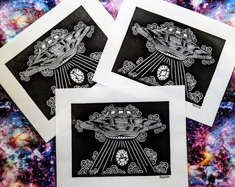 UFO Beam Up Linocut