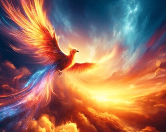 Ascensione della Fenice: Maestoso Volo dell'Uccello di Fuoco - Stampa artistica fantasy, Creatura mitica, Simbolo di rinascita