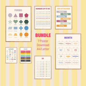 Könnte beinhalten: Ein Set aus sieben Lernpostern mit Formen, Zahlen bis 100, Wochentagen, Alphabet, Farben, einem 1x1-Einmaleins und Monaten. Der Text BUNDLE 7 Poster Download A4/Letter ist mittig zwischen den gerahmten Wandbildern platziert und gut lesbar.
