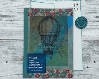 Tarjeta de globo aerostático estilo steampunk: estilo diario basura verde azulado