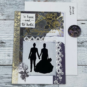 Cartão de casamento lésbico, diário de lixo inspirado em vintage, cartão de casamento romântico lgbtq +, casamento único feito à mão, cartão de casamento feminino