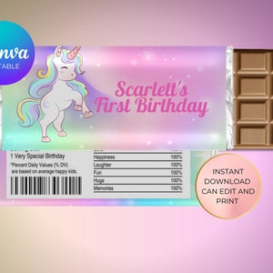 Unicorn chocolate wrapper,|kids party|  aldi chocolate instant download girls, party, chocolate wrapper, canva editable