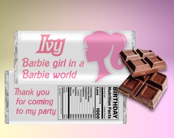 Barbie chocolate wrapper instant download canva editable barbie girls party, chocolate wrapper, aldi chocolate wrapper,