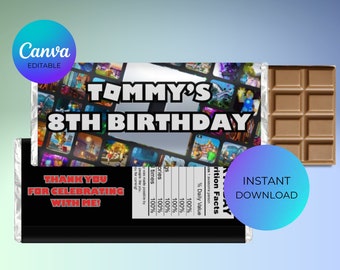 Roblox chocolate wrapper | aldi chocolate wrapper| boys girls party instant download canva editable gamer party