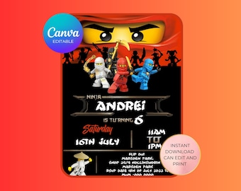 ninjago Birthday Invitation Editable Canva Template Printable LEGO Party Invite for Kids Digital Boys & Girls Birthday Card Instant Download
