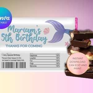 May include: A printable chocolate bar wrapper with a mermaid tail design and the text "Mariam's 5th Birthday" in blue and pink. The wrapper also includes the text "Thanks for coming" and a nutrition label with the text "1 Very Special Birthday."  The wrapper is designed to be printed and used for a birthday party.