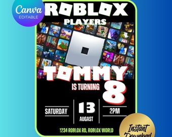 Modèle d'invitation d'anniversaire roblox modifiable, invitations de fête d'anniversaire imprimables, invitation numérique de fête d'enfants, toile de carte d'anniversaire de garçons et de filles