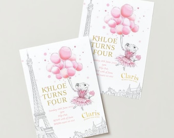 claris the mouse invitation girls pastel rainbow instant download invitation canva editable girls party invitation  pink in paris