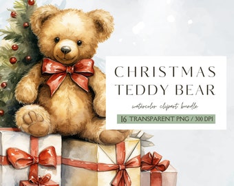 Ours en peluche de Noël, ours de Noël aquarelle, clipart hiver, joli lot de Noël, décoration joyeux Noël, fabrication de cartes, scrapbooking