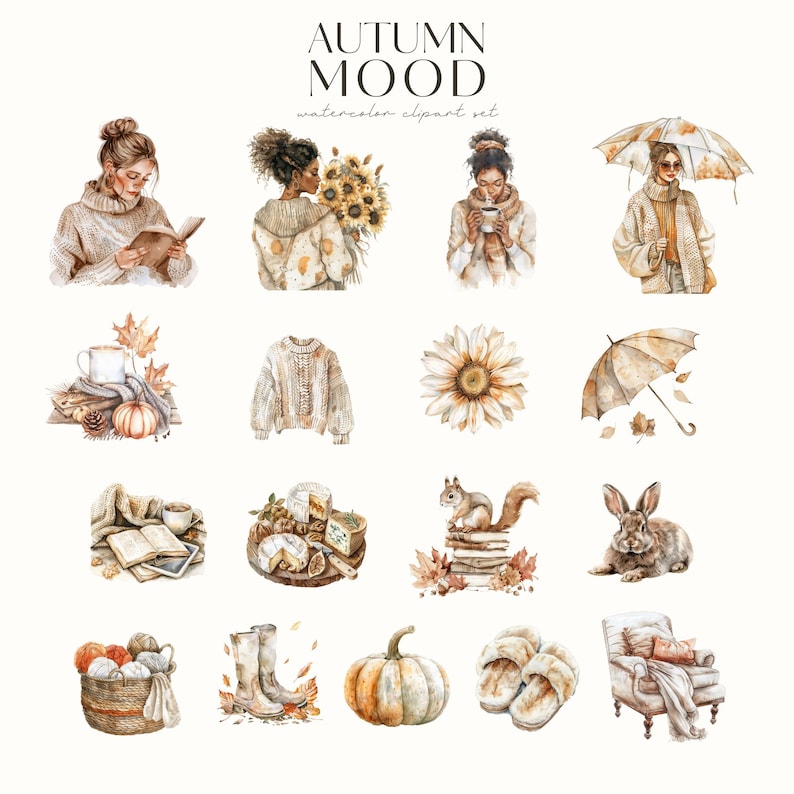 Puede incluir: Un conjunto de ilustraciones de acuarela con temas oto&ntilde;ales, que incluyen una mujer leyendo un libro, una mujer sosteniendo una taza de caf&eacute;, una mujer con un paraguas, un su&eacute;ter, un girasol, una calabaza, una ardilla, un conejo, una cesta de lana, botas, pantuflas y un sill&oacute;n.
