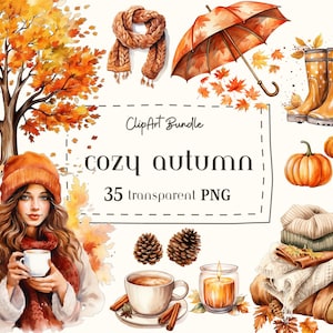 Aconchegante outono-aquarela outono clipart-outono gráficos PNG-cozy girl ilustração-árvore de outono-abóbora tempero latte-livros aconchegantes-download digital