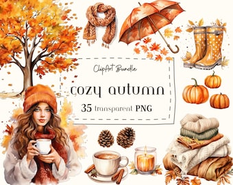 Cozy Autumn-Watercolor Autumn Clipart-Fall PNG Graphics-Cozy Girl Illustration-Autumn Tree-Pumpkin Spice Latte-Cozy Books-Digital Download