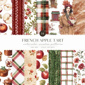 以下が含まれることがあります： FRENCH APPLE TARTと題された14種類の水彩シームレスパターンコレクション。赤いリンゴ、リンゴの輪切り、赤と緑のチェック柄、ケーブルニットの質感、トレンチコートを着た人物、キッチン用品のイラストが白い背景に描かれています。