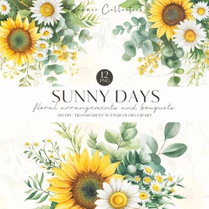 Clipart di girasole ad acquerello, tema girasole, bouquet estivo, cottagecore floreale, estate accogliente, adesivi digitali, album di ritagli, commerciale