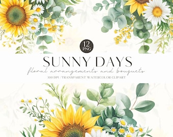 Clipart tournesol aquarelle, thème tournesol, bouquet d'été, cottagecore floral, été cosy, autocollants numériques, scrapbooking, publicité