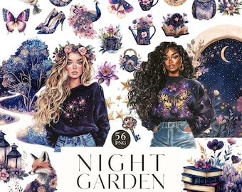 Night Garden Clip Art, Watercolor Mystical Clipart, Moth, Floral, Magical PNG, Pagan Download, Digital Stickers, Scrapbook, Commercial Use