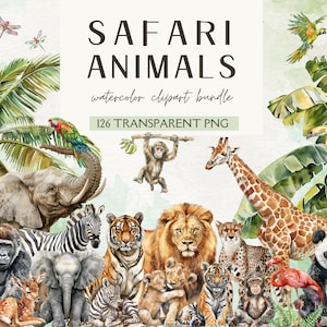 Animais de safári, animais de selva em aquarela PNG, animais de bebê de safári, clipart de berçário, bebês de selva, clipart de safári, girafa de macaco tigre leão
