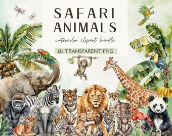 May include: Watercolor clipart bundle of safari animals, including a giraffe, elephant, zebra, tiger, lion, panda, monkey, flamingo, and more. The clipart is perfect for creating invitations, cards, and other crafts. 126 transparent PNG files.