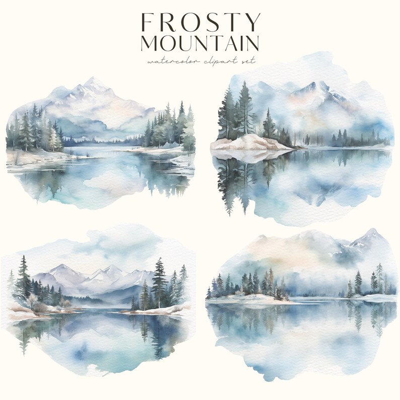 Watercolor Winter Mountain Clipart-Mountain Clipart PNG-Peaceful Mountain-Winter Landscape-Bluey Mountain Art-Commercial Use-Scrapbooking image 2