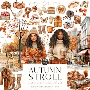 Puede incluir: Conjunto de imágenes prediseñadas de acuarela titulado "Autumn Stroll" con ilustraciones de temática otoñal. Incluye calabazas, hojas, mujeres, un perro y varios accesorios de otoño. La imagen tiene el texto "Autumn Collection" y "59 PNG".
